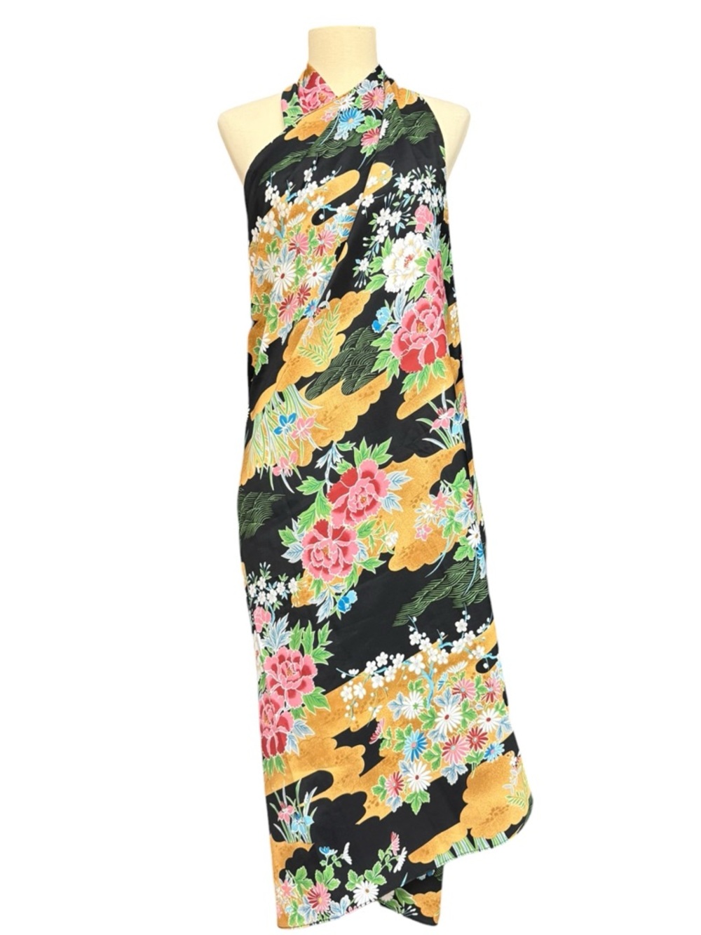 Vintage Hawaiian Wrap Dress Skirt Sand Pebble Black Floral Maxi Convertible